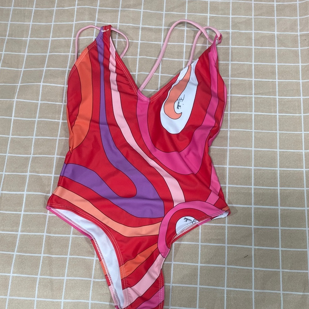 Emilio Pucci Red, Pink & Purple Graphic V-Neck One-Piece Swimsuit